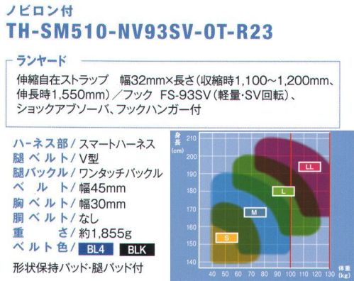 藤井電工 TH-SM510-NV93SV スマートハーネス ランヤード付（ノビロン）（TH-SM510-NV93SV-OT-R23） smart harness®-スマートハーネス-安全性とデザイン性を両立した、スマートなフルハーネス。■POINT.1 装着しやすい形状維持形状を維持するバッドを背面部に採用。裏返りやベルトの絡まりを防止した装着しやすい設計。■POINT.2 肩・腿部を保護クッション性に優れたバッドを標準装備。肩・腿部ベルトの食い込みを軽減します。■POINT.3 夜間も安心の反射材付光が反射する「反射材」付きのハーネス。視認性が高いため、夜間作業時の安全性を確保。【ランヤード】・伸縮自在ストラップ:幅32mm×長さ（収縮時1，100～1，200mm、伸長時1，550mm）・フック:FS-93SV（軽量・SV回転）・ショックアブソーバ・フックハンガー付※この商品は受注生産になります。※受注生産品につきましては、ご注文後のキャンセル、返品及び他の商品との交換、色・サイズ交換が出来ませんのでご注意ください。※受注生産品のお支払い方法は、先振込（代金引換以外）にて承り、ご入金確認後の手配となります。 サイズ／スペック